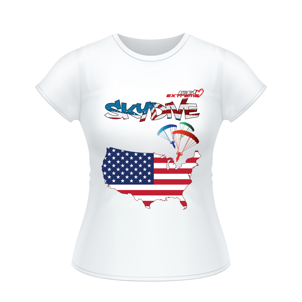 Skydiving T-shirts - Skydive All World - AMERICA - Ladies' Tee -, Shirts, Skydiving Apparel, Skydiving Apparel, Skydiving Apparel, Skydiving Gear, Olympics, T-Shirts, Skydive Chicago, Skydive City, Skydive Perris, Drop Zone Apparel, USPA, united states parachute association, Freefly, BASE, World Record,