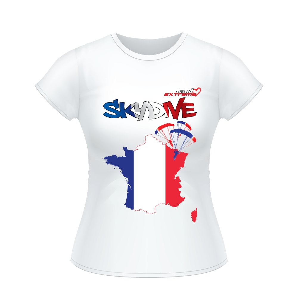 Skydiving T-shirts - Skydive All World - FRANCE - Ladies' Tee -, Shirts, Skydiving Apparel, Skydiving Apparel, Skydiving Apparel, Skydiving Gear, Olympics, T-Shirts, Skydive Chicago, Skydive City, Skydive Perris, Drop Zone Apparel, USPA, united states parachute association, Freefly, BASE, World Record,