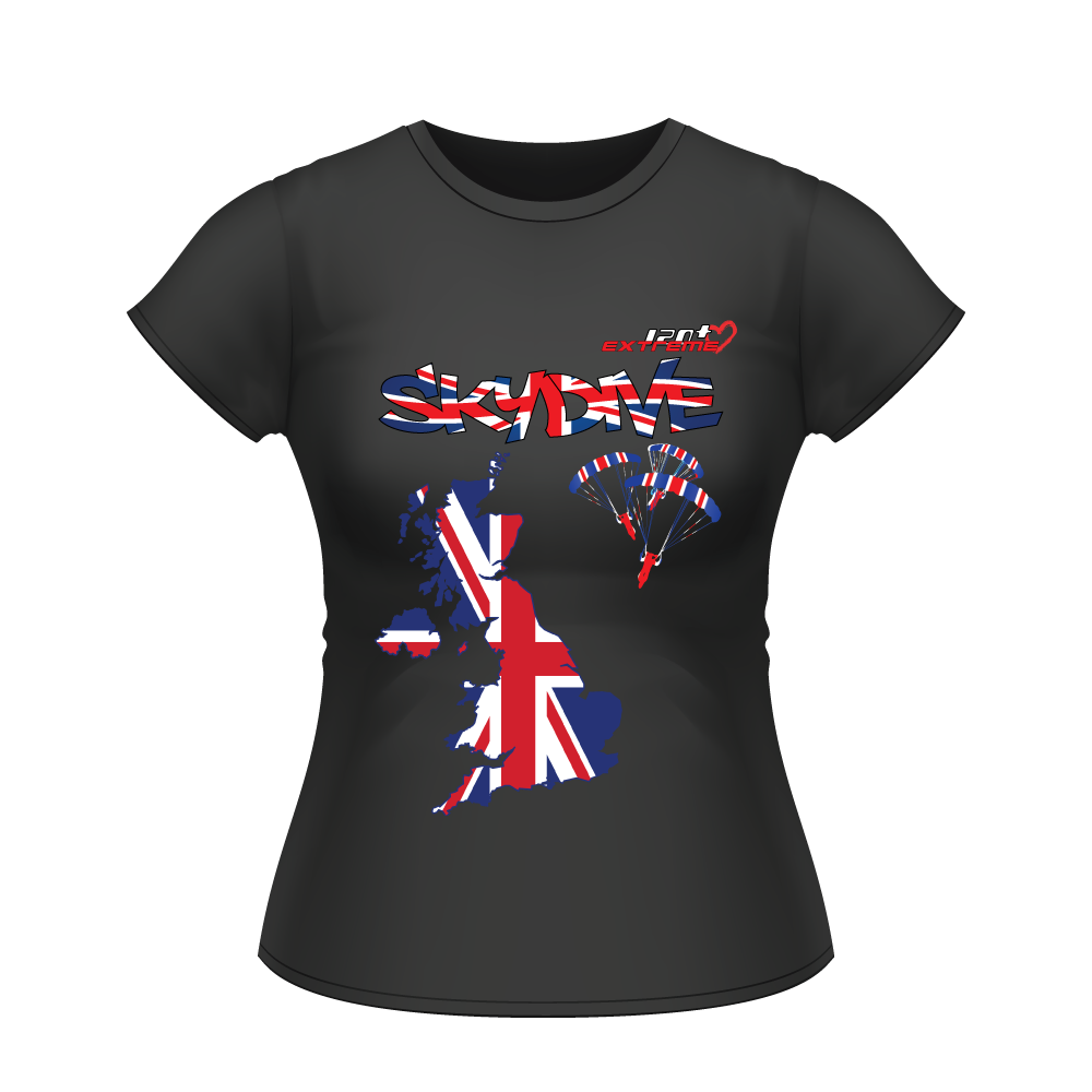 Skydiving T-shirts - Skydive All World - UK - The United Kingdom - Ladies’ Tee, Shirts, Skydiving Apparel, Skydiving Apparel, Skydiving Apparel, Skydiving Gear, Olympics, T-Shirts, Skydive Chicago, Skydive City, Skydive Perris, Drop Zone Apparel, USPA, united states parachute association, Freefly, BASE, World Record,