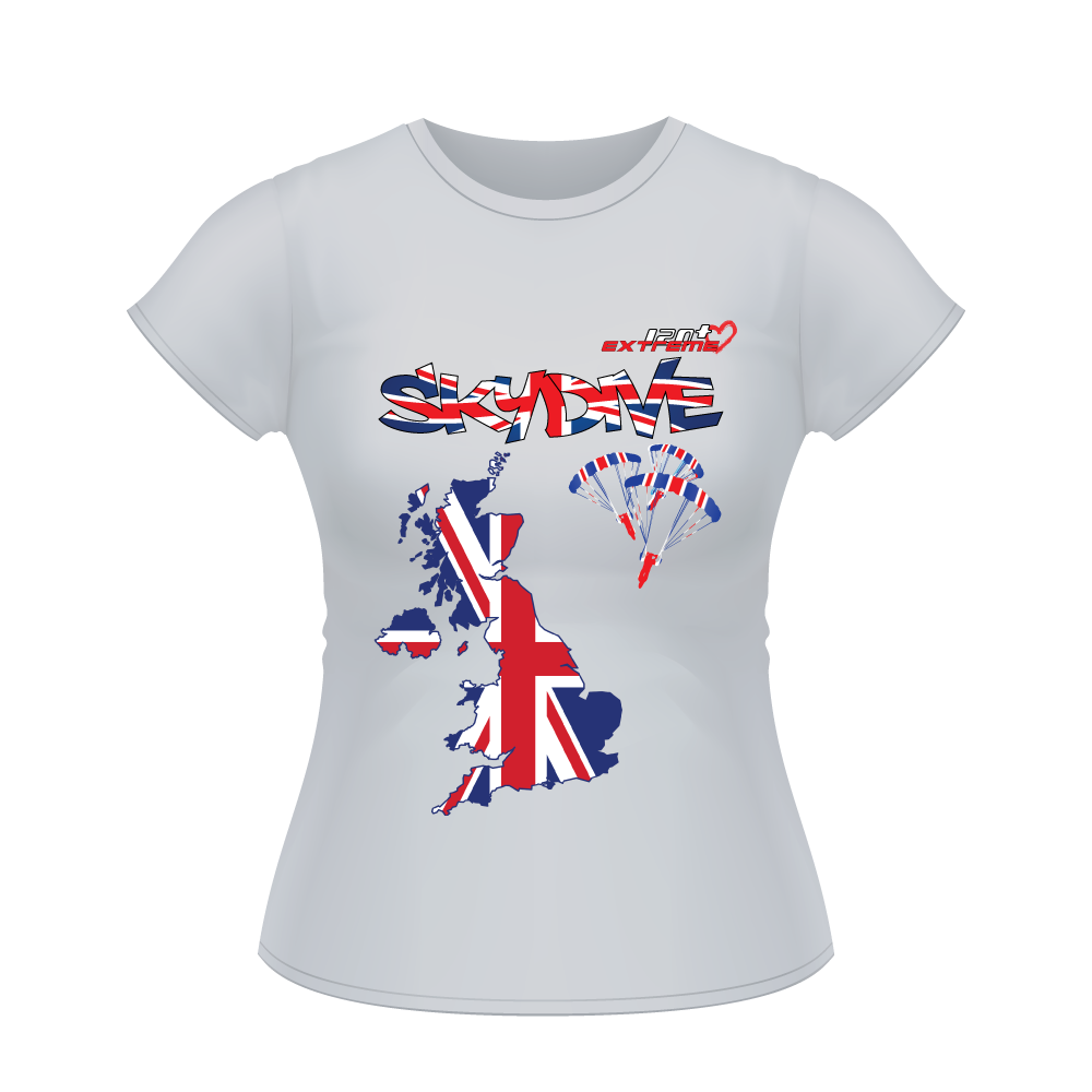 Skydiving T-shirts - Skydive All World - UK - The United Kingdom - Ladies’ Tee, Shirts, Skydiving Apparel, Skydiving Apparel, Skydiving Apparel, Skydiving Gear, Olympics, T-Shirts, Skydive Chicago, Skydive City, Skydive Perris, Drop Zone Apparel, USPA, united states parachute association, Freefly, BASE, World Record,