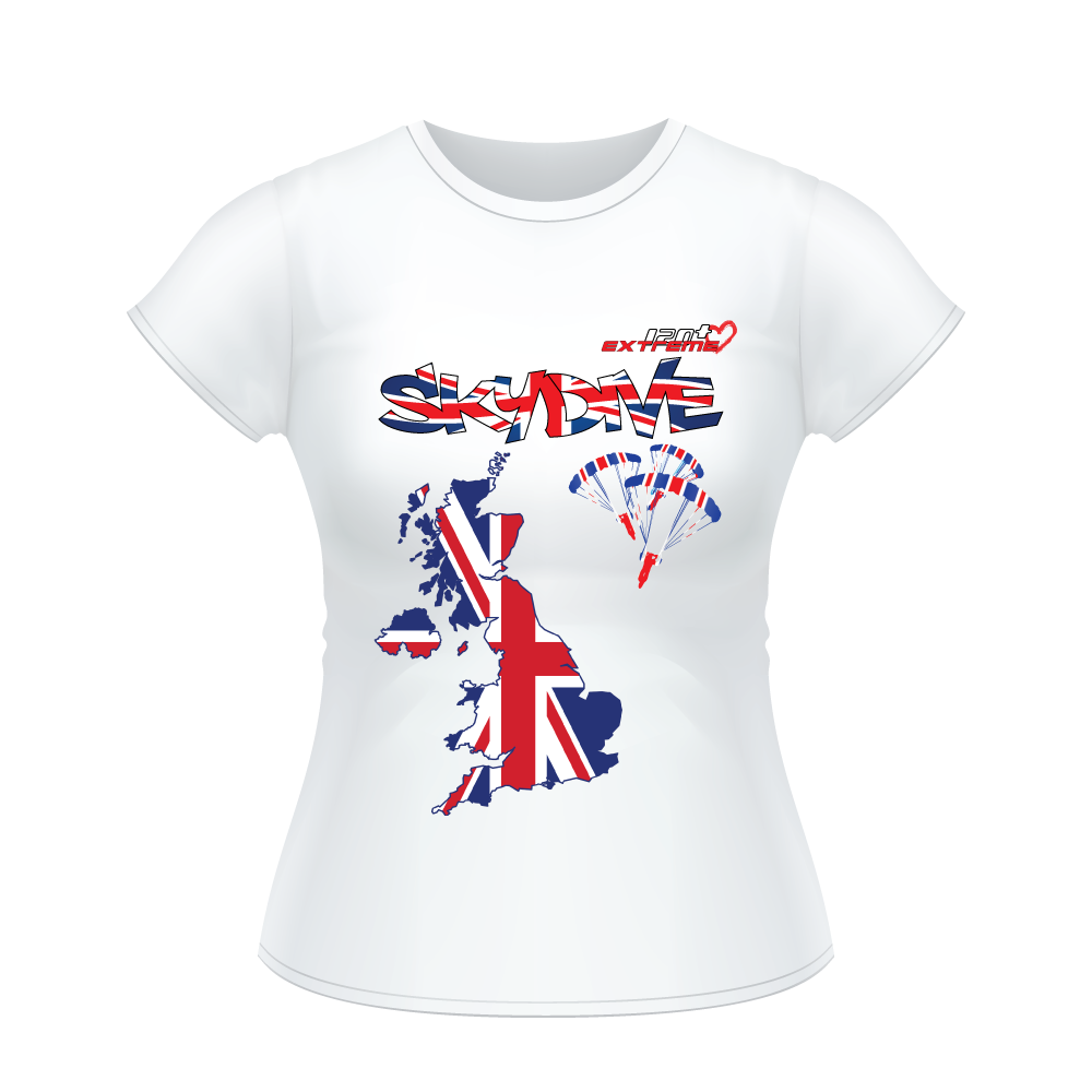 Skydiving T-shirts - Skydive All World - UK - The United Kingdom - Ladies’ Tee, Shirts, Skydiving Apparel, Skydiving Apparel, Skydiving Apparel, Skydiving Gear, Olympics, T-Shirts, Skydive Chicago, Skydive City, Skydive Perris, Drop Zone Apparel, USPA, united states parachute association, Freefly, BASE, World Record,